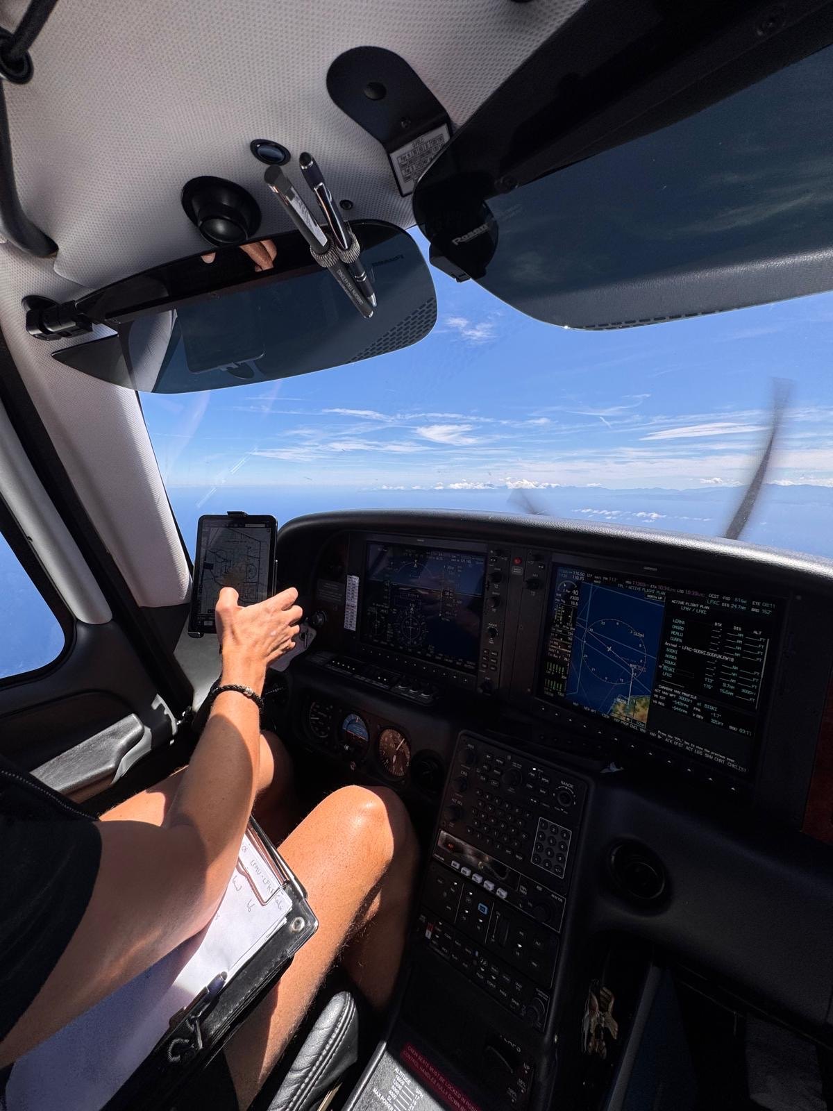 View from the cockpit of a Cirrus aircraft flying above the Mediterranean